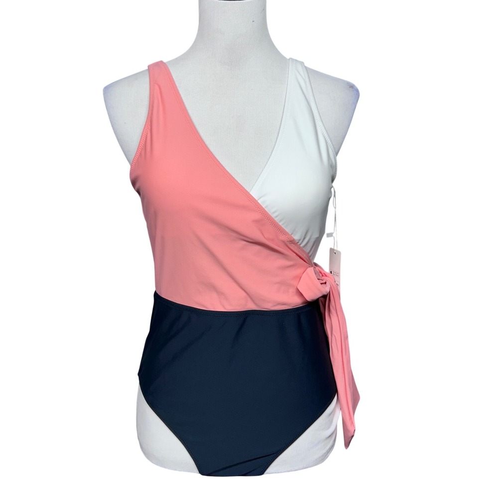 Cupshe Swimsuit Women Large Pink White Navy NWT Colorblock Wrap 1pc Beach Pool